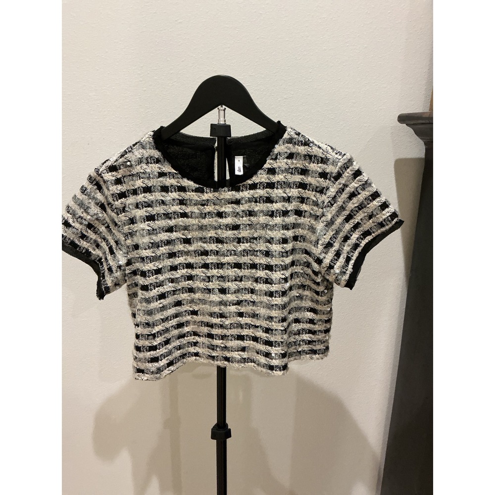 Glam Sequin Tweed Crop Top Black White Striped Short Sleeve Blouse Small GT8477